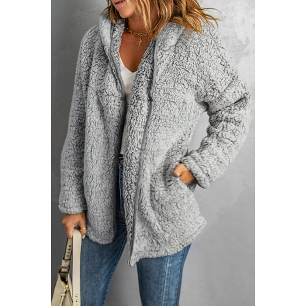 POGLIP Women s Gray Open Front Long Sleeve Hooded Sherpa Coat