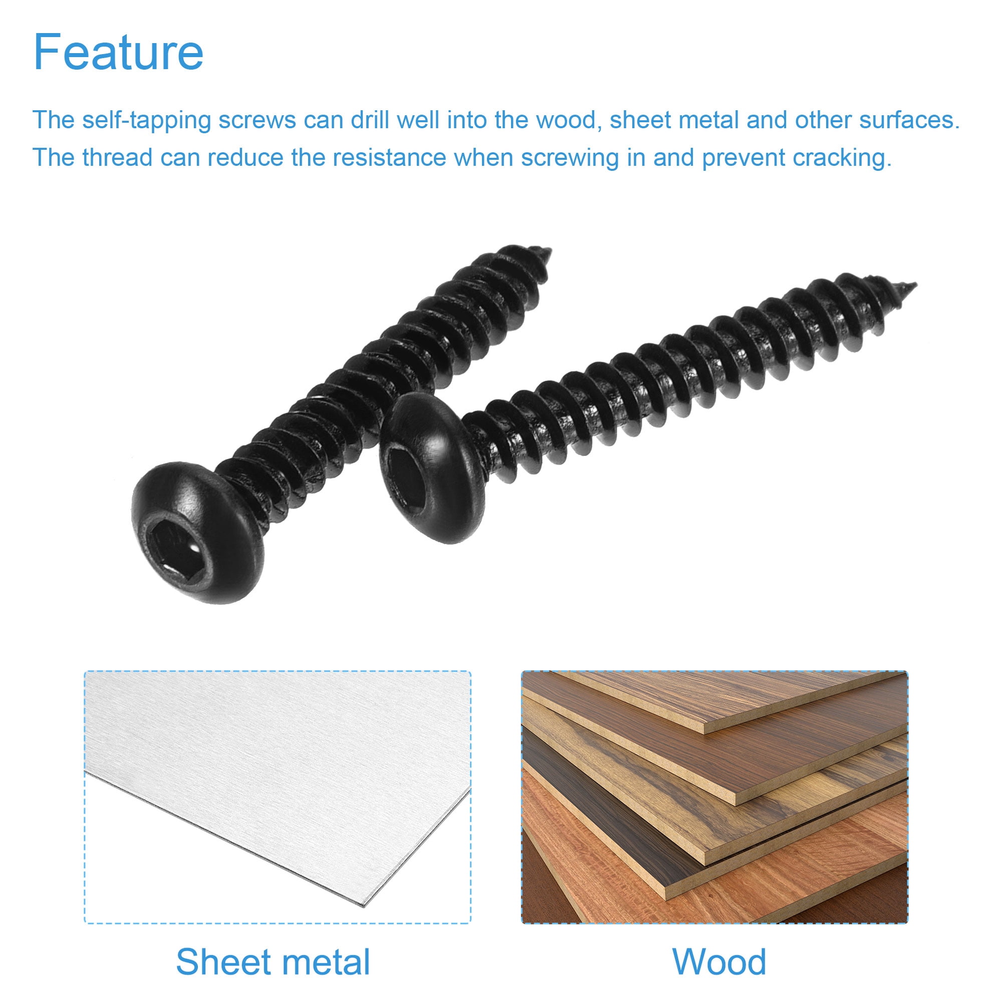 Unique Bargains Hex Socket Self Tapping Screws Made of Carbon Steel Black M3 x 20mm