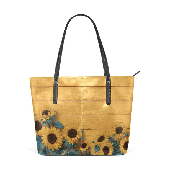 Tote Bag Aesthetic leather Handbags with Zipper for Women Travel Shoulder Bags Purses with compartment. Bright Colors Sunflowers