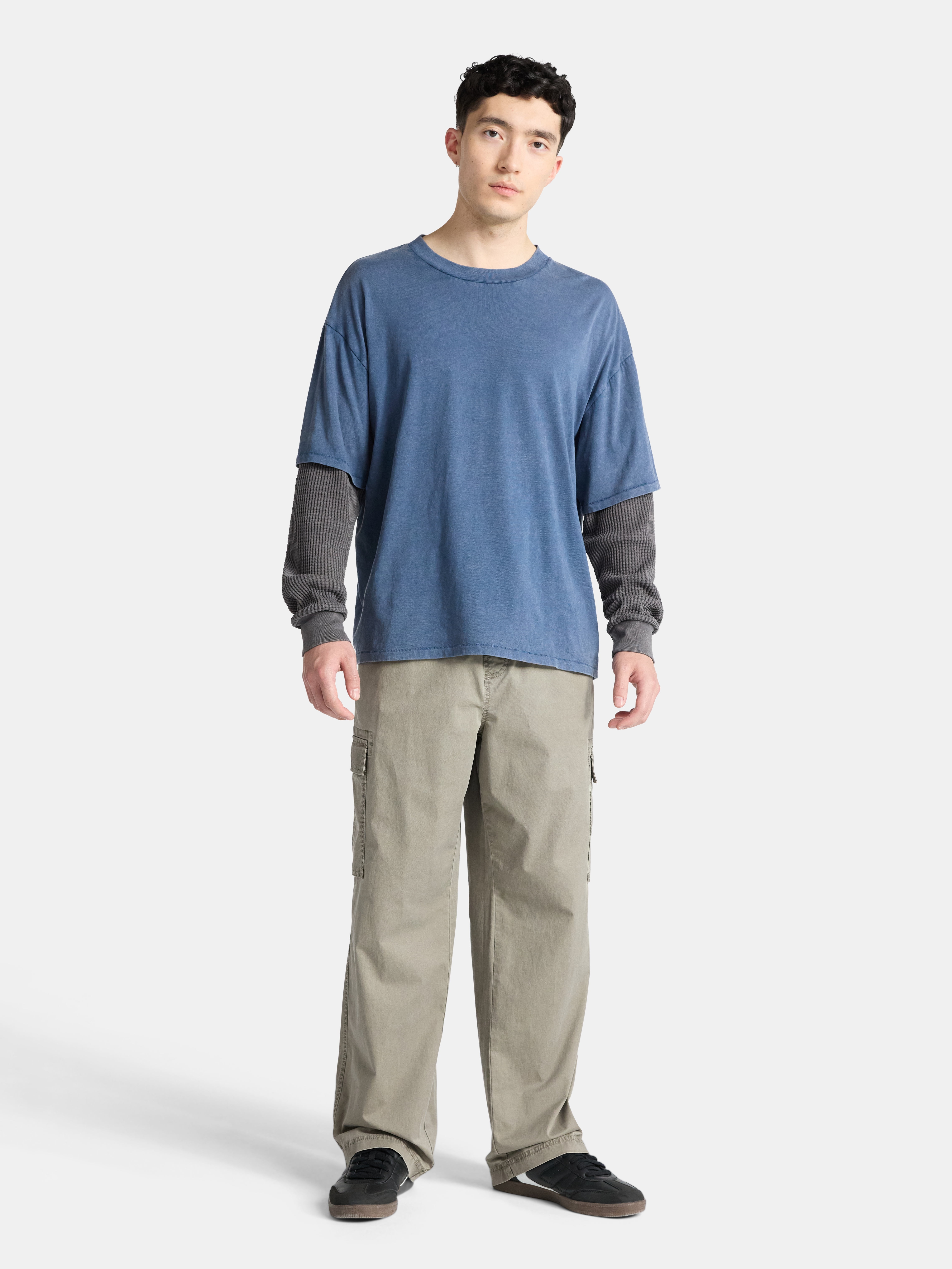 No Boundaries Cotton Washed Tee with Layered Long Sleeves, Men's & Big Men's