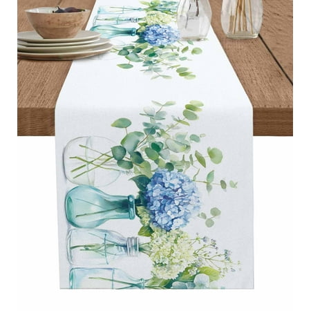 

Table Runner Dresser Scarf 13 x 108 Inch Spring Floral Blue Hydrangea Flower Leaves Plant Bottle Table Runners Non-Slip Heat Kitchen Dining Table Decor for Indoor Outdoor Home Party Decoration