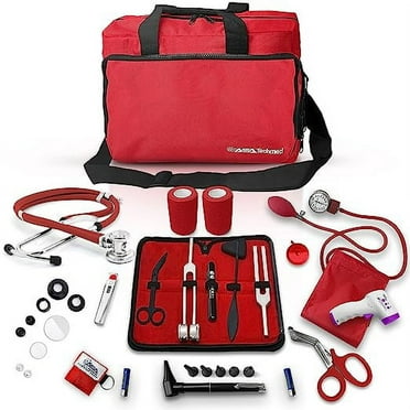 ASATechmed Nurse Starter Kit - Stethoscope, Blood Pressure Monitor, Tuning Forks, and More - 18 Pieces Total (Red)