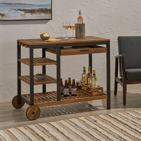 Ishtar Indoor Wood and Iron Bar Cart with Drawers and Wine Bottle Holders, Teak