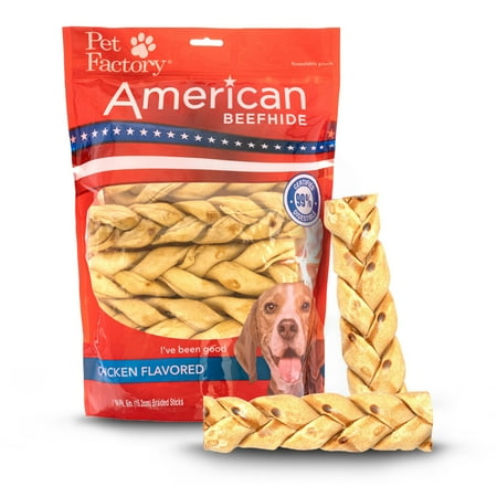 UPC: 0094983282218 | Pet Factory American Beefhide Braided Sticks Chicken Flavored – 6   14 Count