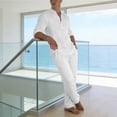 thumbnail image 4 of LEKWK Men Linen Sets Outfits 2 Piece Long Sleeve V Neck Casual Tops and Drawstring Elastic Waist Wide Leg Pants Summer Casual Beach Vacation Resort Outfits, 4 of 9