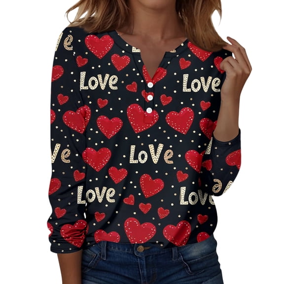 Valentine Day Shirts for Women Love Heart Print Long Sleeve Cute Tunic Tops V Neck Plus Size Loose T Shirts Wine M