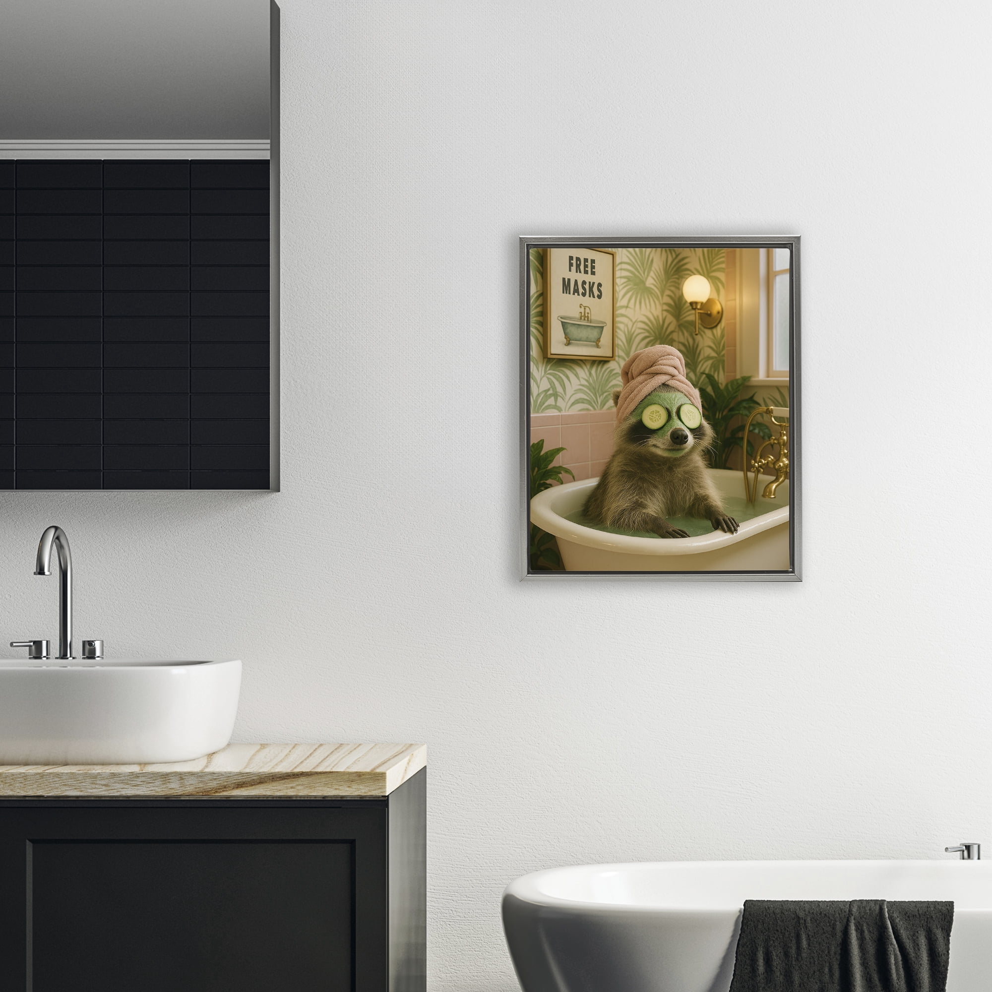 Stupell Industries Raccoon Spa Day Bath Gray Framed Floater Canvas Wall Art, design by Grotto Studios