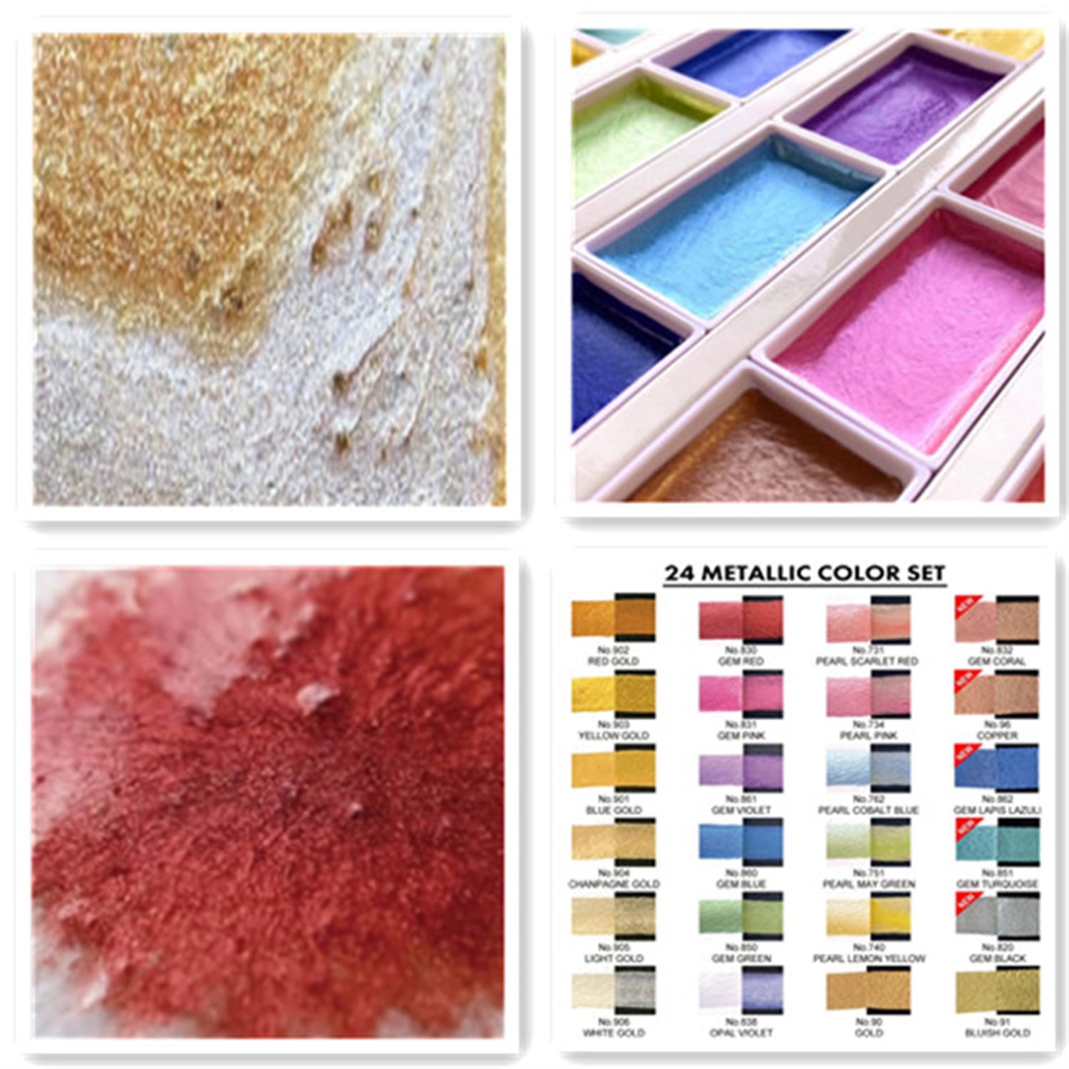 Watercolor Paint Set 24 Glittery Colors - Metallic, Professional-quality art supplies for artists adult painting aketching, Non-Toxic, Made in Japan