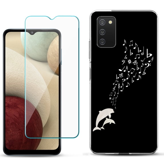Slim-Fit TPU Phone Case Compatible with Samsung Galaxy A02s, with Tempered Glass Screen Protector, by OneToughShield ® - Dolphin Music
