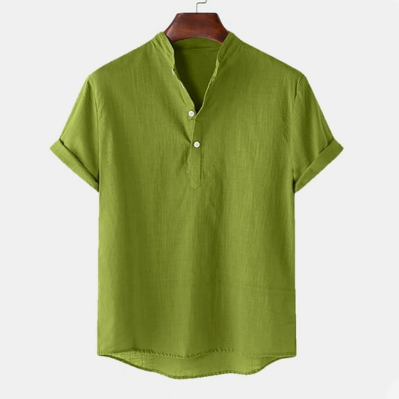 Sakmal Henley Casual Shirt Mens Short Sleeve Green Solid Classic Henley Style Three Button Henley Closure Casual Tops for Mens