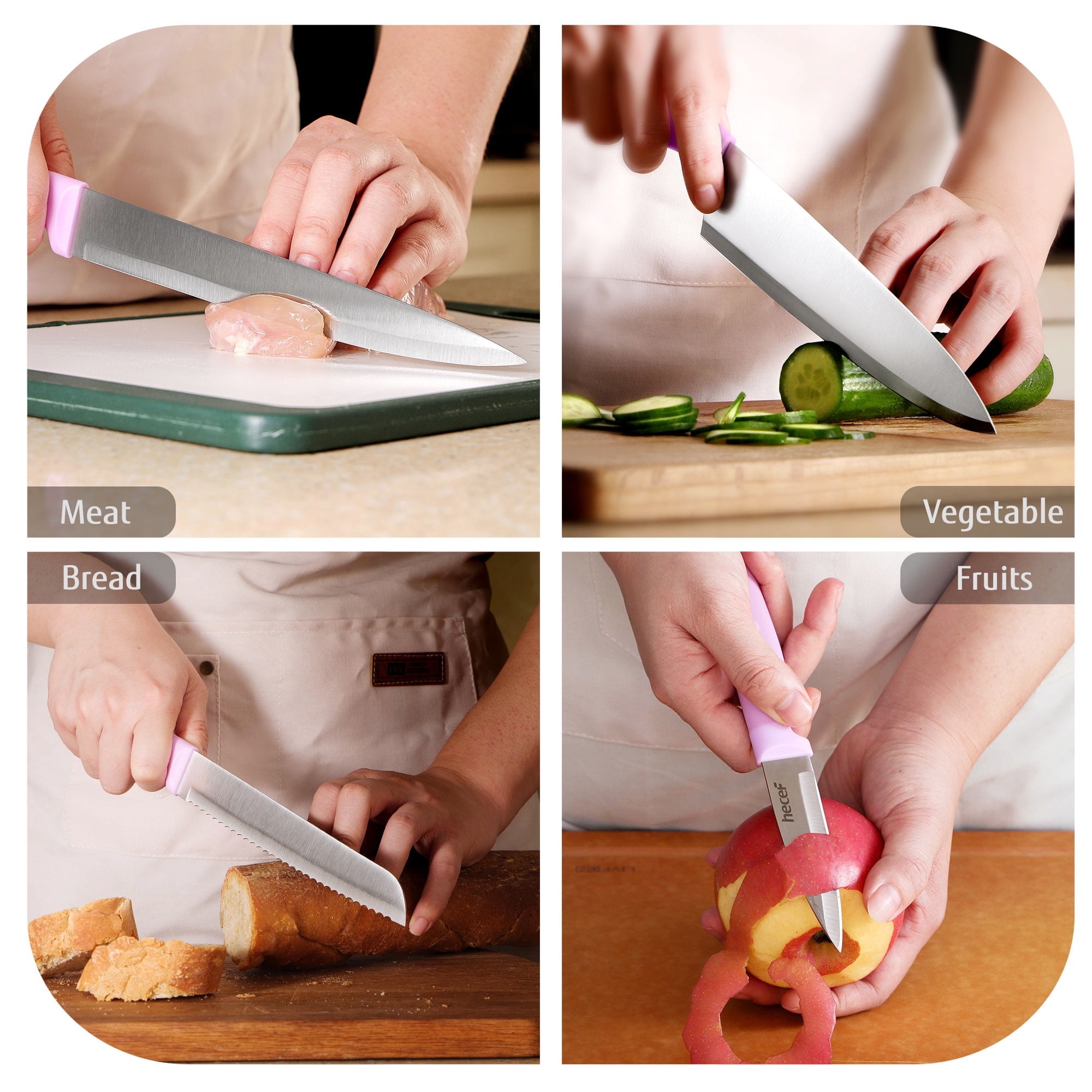 Hecef 6-Piece Stainless Steel Kitchen Knife Block Set, Ergonomic Chef Knife Set