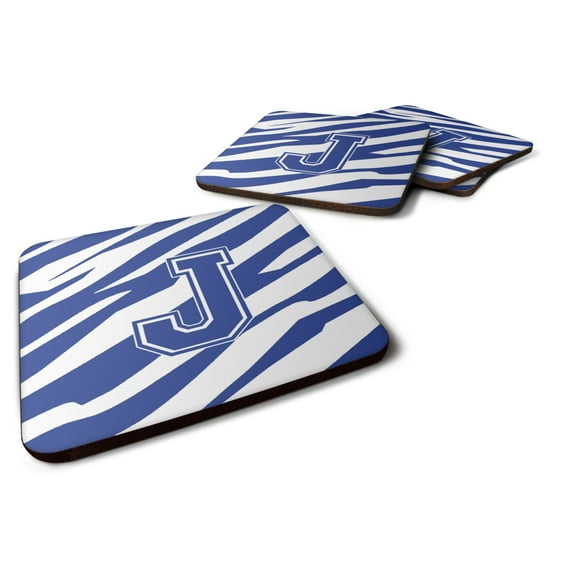Letter J Initial Tiger Stripe Blue and White Foam Coaster Set of 4