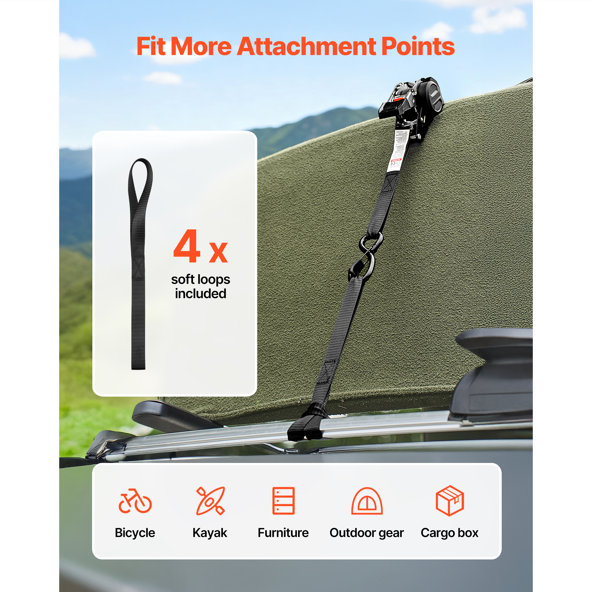 KFFKFF Retractable Ratchet Straps, 1 in x 10 ft, Tie Down Straps with S Hooks, 1200 lbs Break Strength, Includes 4 Soft Loops, Ideal for Securing Cargo, Trailers, Motorcycles, Kayaks, Car Roof