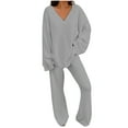thumbnail image 3 of Feancey Womens Fuzzy Fleece Pajama Sets Oversized V Neck Tops Wide Leg Pant Sleepwear Two Piece Lounge Set Fall Outfits Gray XL, 3 of 8