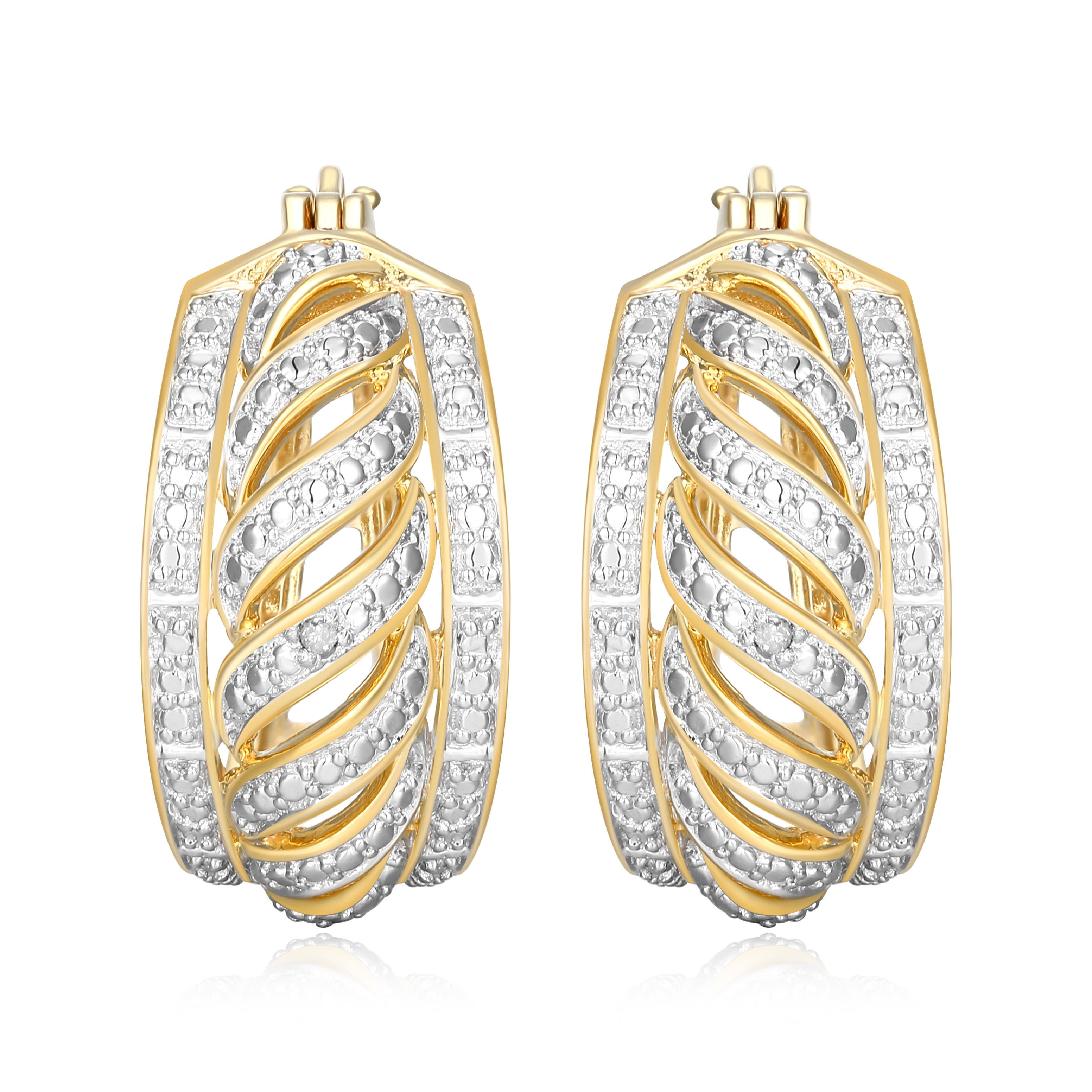 Forever Facets Diamond Accent Open Relief Hoop Earrings in 18k Yellow Gold over Bronze, Adult Female