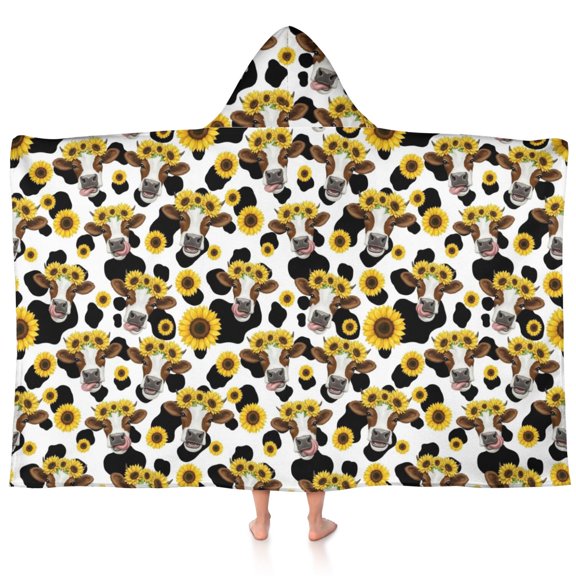 Sunflower and Cow White Pattern Hooded Bath Towel Wrap for Teens Ages 3 To 12, Soft Lightweight Quick Dry Microfiber Bath Beach Pool, 60"x35"