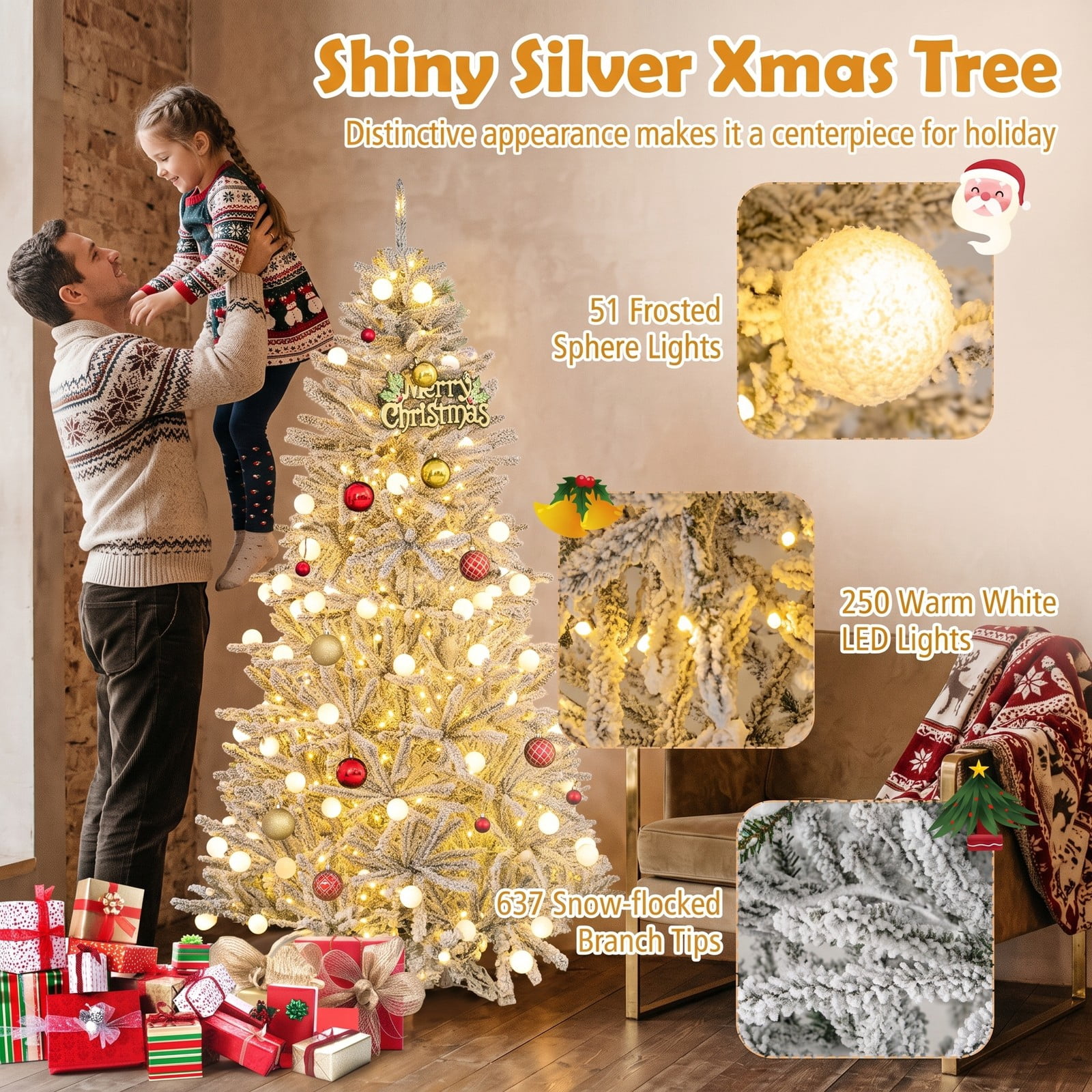 RUIE 6 Feet Pre-lit Snow-Flocked Artificial Christmas Tree, Hinged Xmas Tree with 250 Warm White LED Lights, 51 Sphere Lights, Remote and Timer for, Green & White