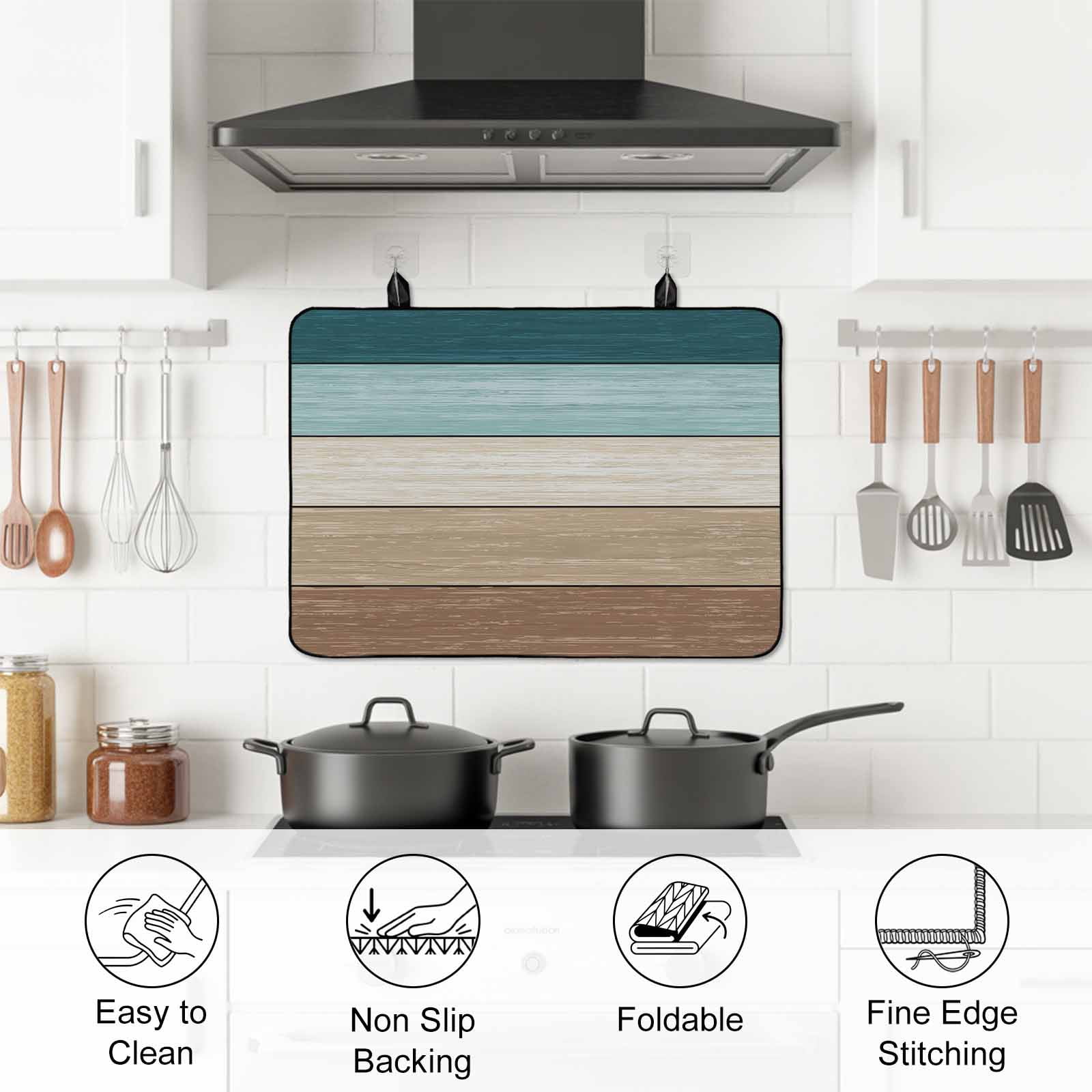 Teal Brown Stove Top Cover for Electric Stove, Heat-proof & Non Slip Glass Top Stove Cover Protector, Farmhouse Vintage Abstract Wooden Grain Kitchen Flat Cooktop Rubber Mat 24x21 Inches