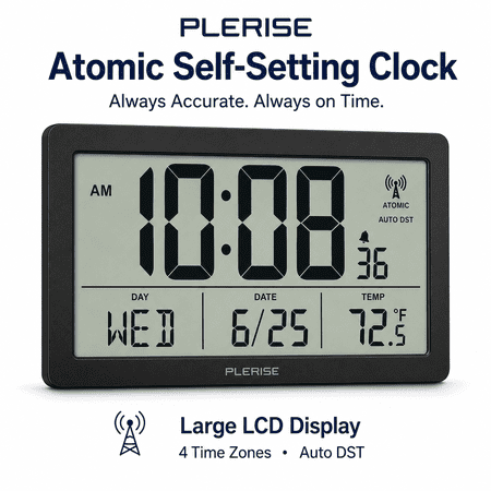 Atomic Digital Wall Clock Battery Operated, Self-Setting Digital Clock with Large LCD Display, Indoor Temperature, Date, Day of Week, Alarm, 4 Time Zones, Auto DST, 12/24 Hour Mode, Wall Moun