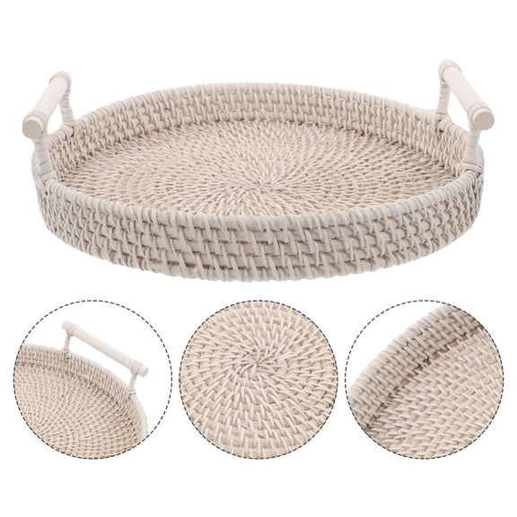 PAMINGONO Handmade Round Rattan Serving Tray with Handles, Natural Woven Basket for Home Organization and Decorative Use