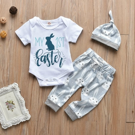 

RPVATI Newborn Infant Baby Toddler Clothes Short Sleeve Letter Printed Bodysuit Hat + Pants Set 3 Pieces Summer Clothes