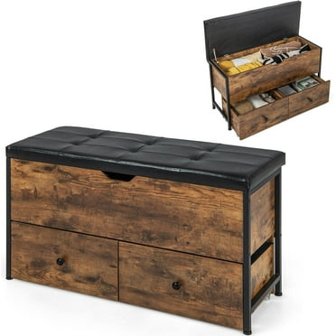 Storage Chest Bench - Storage Trunk with 2 Rolling Drawers, Flip Top Padded Seat, Supports 330lbs, Wooden Storage Ottoman End of Bed Bench for Entryway Living Room Bedroom