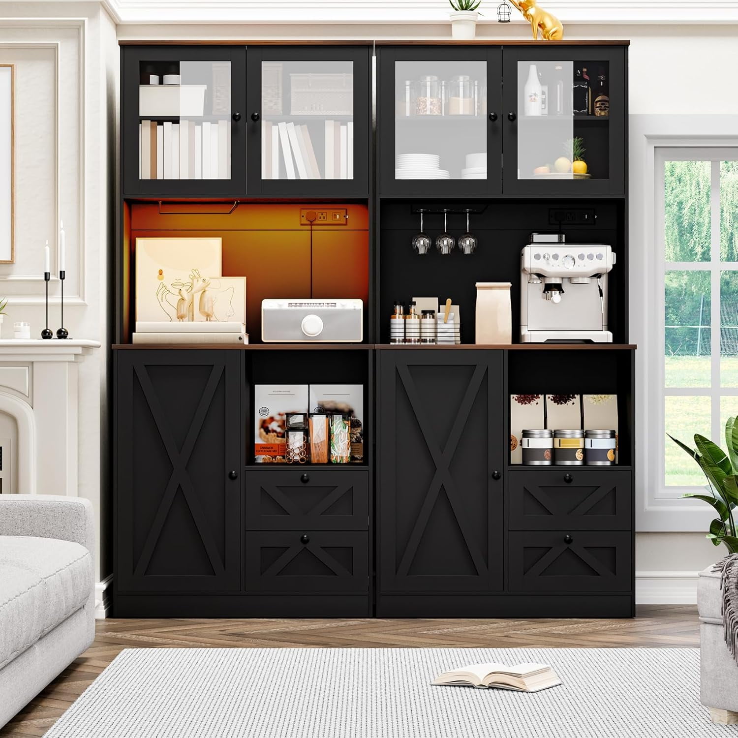 Timagebreze 71 Inch Farmhouse Pantry with LED Lighting & Electrical Outlet, Tall Kitchen Cabinet with Microwave Stand,Black