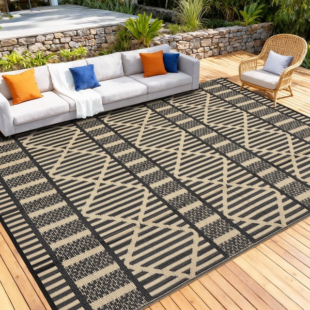 Nanan 9'x12' Geometric Outdoor Rug, All-Weather Waterproof Patio Mat, UV Resistant, Stain Resistant, Easy Clean Plastic Rug for Patio Garden RV Campsite,Black Coffee
