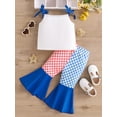 thumbnail image 4 of Suagox Baby Girls Summer 2 Piece Outfits, Letter Print Sleeveless Tie-Up Tops + Elastic Waist Checkerboard Flare Pants Toddler Set for 0-24 Months And 2-3 Years Old Baby, 4 of 10