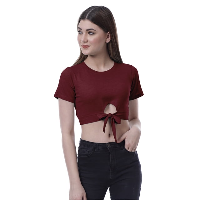 Moomaya Haut Court Noué devant pour Femmes Manches Courtes Col Rond Tee-Shirt Noué