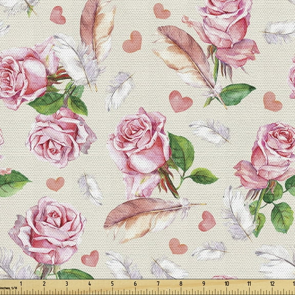 Ambesonne Floral Fabric by the Yard Upholstery, Rose Valentine Botanical Art, 10 Yards, Pastel Pink and Fern Green