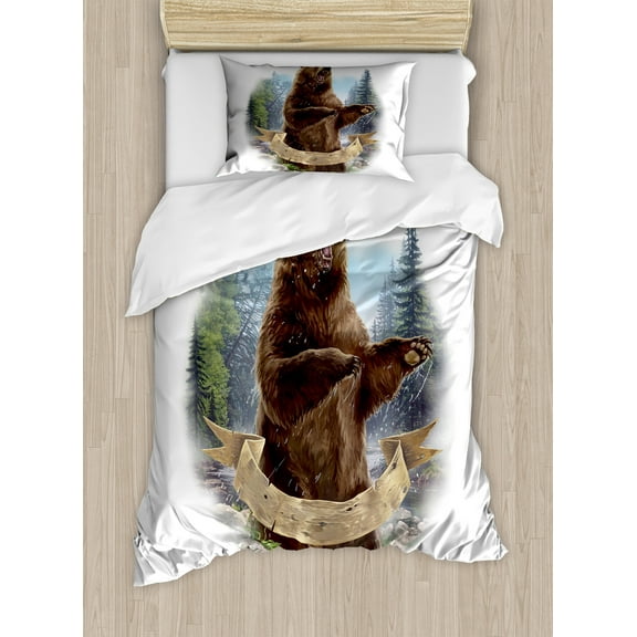 Ambesonne Bear Duvet Cover Set, Angry Carnivore Mammal, Twin, Brown Green Pale Blue