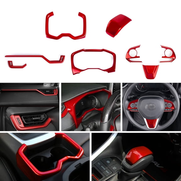 Xotic Tech Set Sporty Red Dashboard Side Air Vent Gear Shift Lever Water Cup Holder Steering Wheel Panel Accessories Cover Trim Combo Kit, Compatible with Toyota Rav4 2019-2023