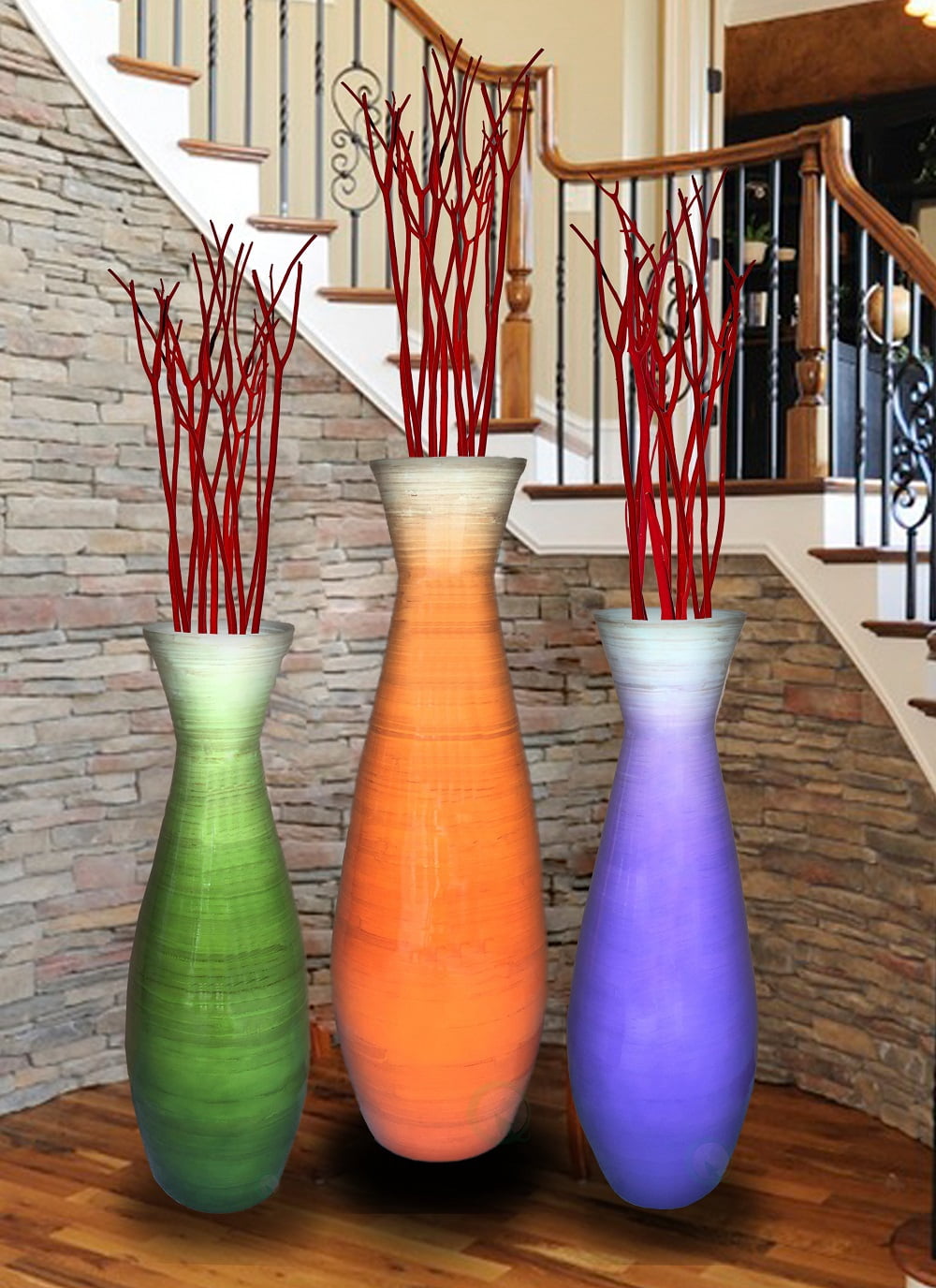 Set of 3 Tall Bamboo Floor Vases, in Orange, Purple, and