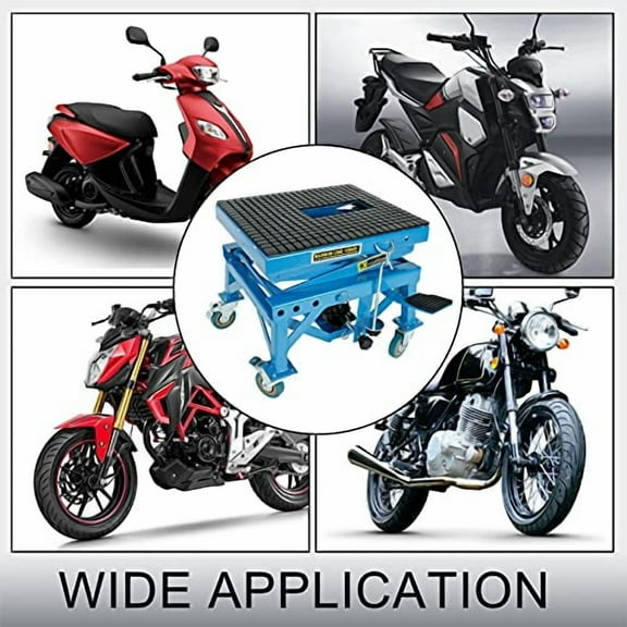 300lbs Heavy Duty Hydraulic Motorcycle Scissor Jack Lift with The Foot Peg Hold Downs Fit for Motorbike Dirt Bike Hydraulic Center Stand Lift with 4 Wheels