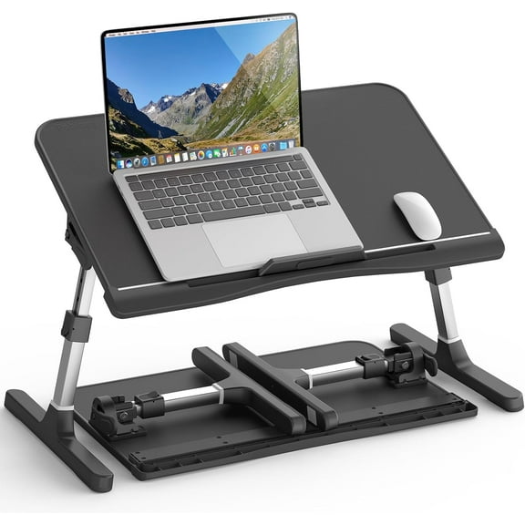 Adjustable Laptop Bed Desk, Leather Bed Table Tray with Removable Stopper, Foldable Laptop Desk for Working Writing Drawing Eating on Couch Floor Bed, Black(21.65"*13")