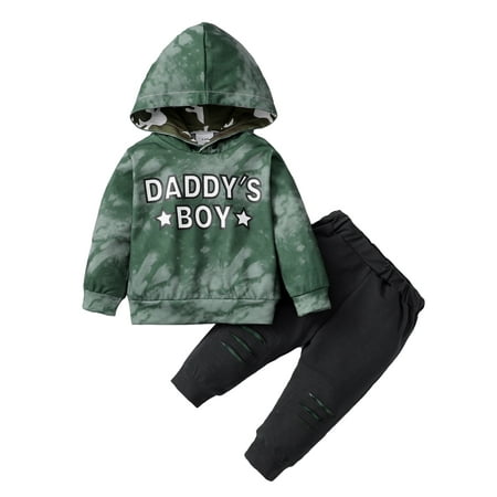 

KIMI BEAR Pants Outfits For Newborn Baby Boys 6 Months Boys Fall Winter Clothing Set Letter Print Tie-dye Hooded Long Sleeve Hoodie Ripped Pants 2PCs Set 6-12 Months Army Green