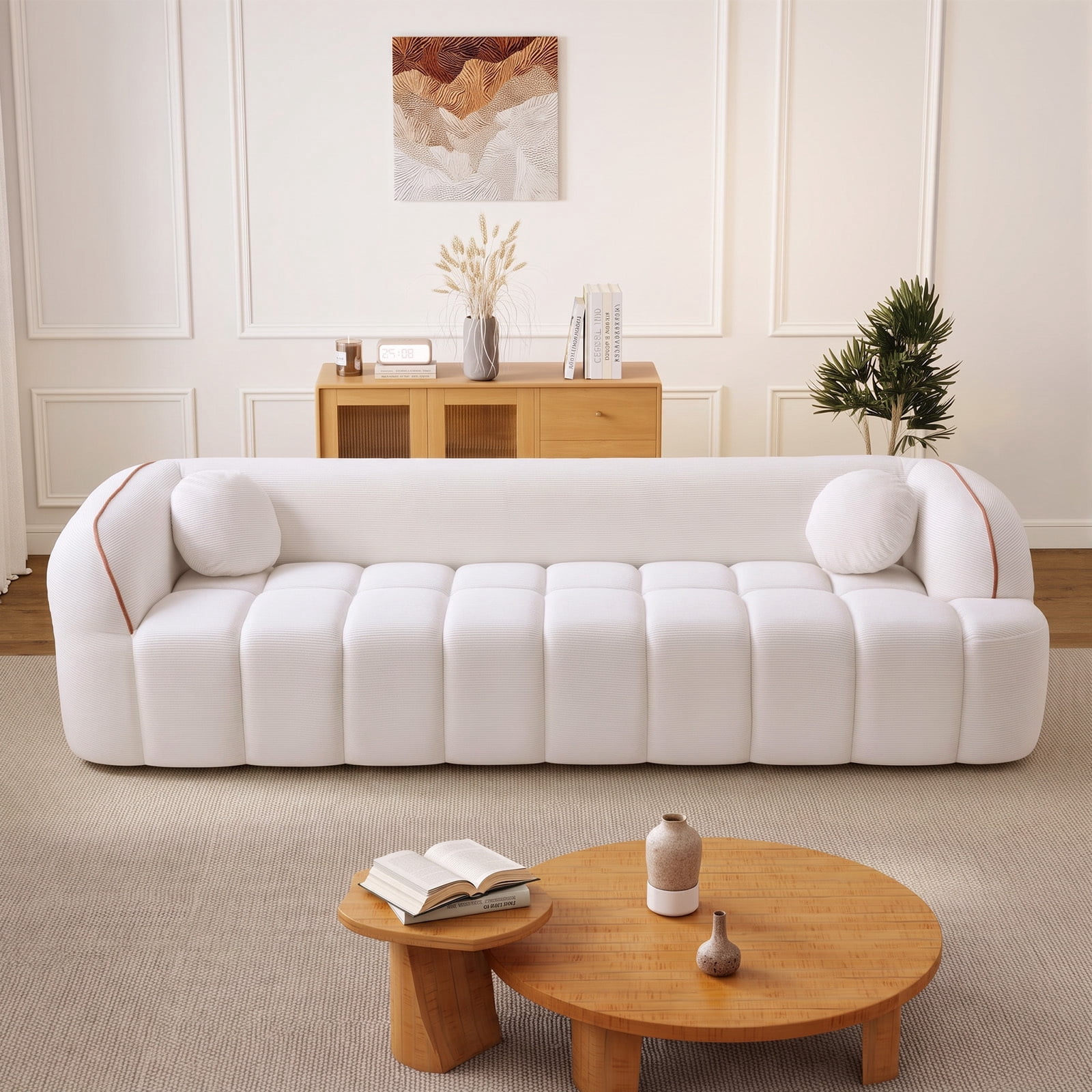 Lunale 98" Curved Bonelessd Sofa, 3-Seater Floor Cloud Couch, No Assembly Required, Modern Corduroy Bubble Sofa for Living Room, Beige
