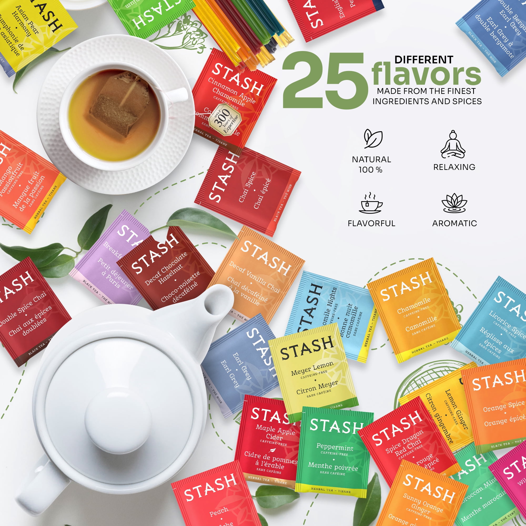 Stash Tea 50 Assorted Teas with 20 Honey Sticks, 25x2 Tea Bags, Variety Pack, Herbal Tea Sets, Tea Samplers