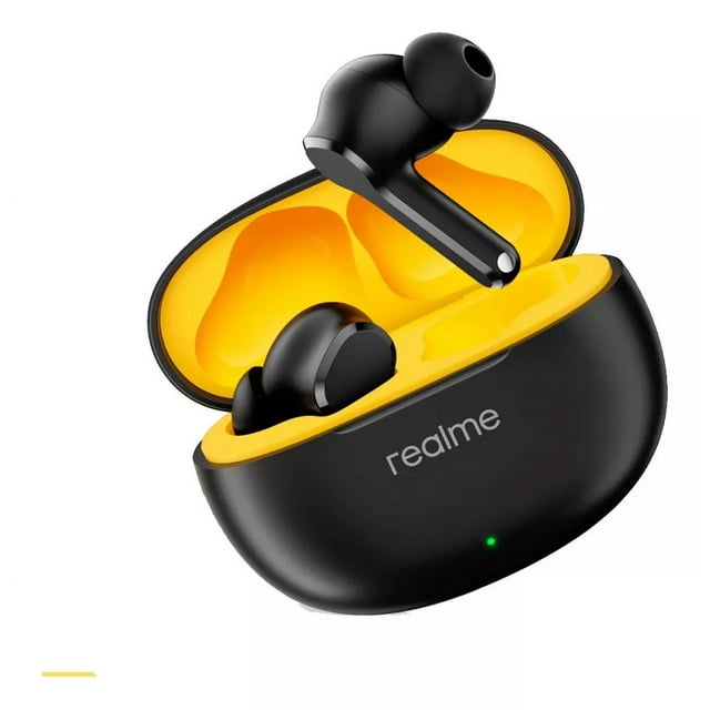 audifonos gamer manos libres realme buds t110 bluetooth 5.4 color negro luz azul, estuche de carga negro abierto con interior amarillo visible, LED indicador frontal y audífono in-ear con vástago en vista 3/4.