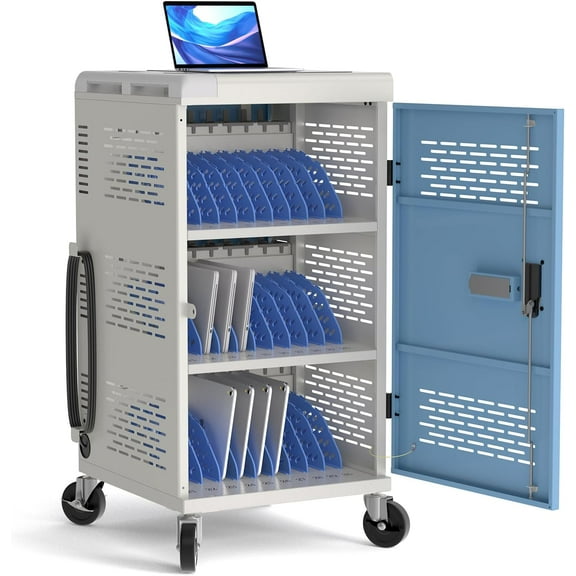 POCHAR Fully Assembled 30 Device Charging Station for Chromebook, iPad, 14'' Laptop - Pre Built Computer Charging Cart with Keypad Lock, Charger Cable Management, Circuit Breaker, Grounding Protectio