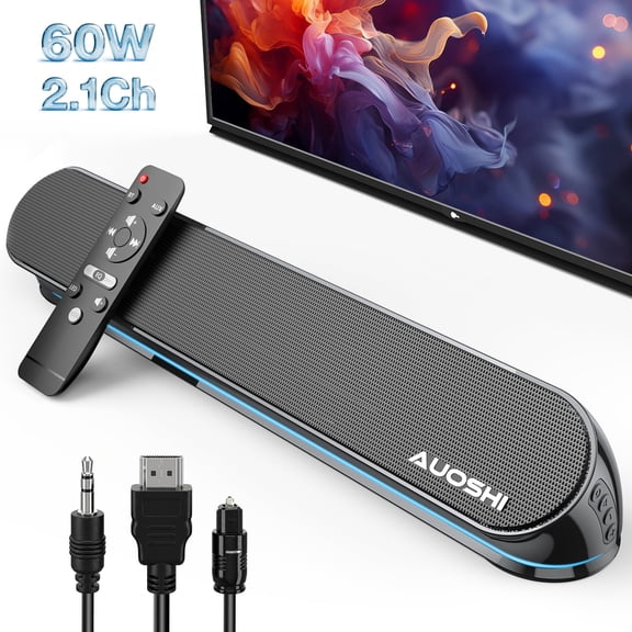 AUOSHI Small Sound Bar for TV, 2.1ch 60W Compact Soundbar with Built-in Subwoofer, Bluetooth 5.4, 5 EQ Modes, HDMI ARC/Optical/AUX/USB, 16.5 inch