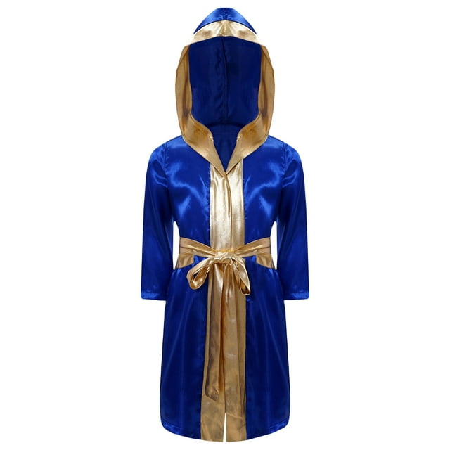 Doomiva Robe de Boxe pour Garçons Enfants Art Martial Muay Thai Uniforme Manches Longues Kick Boxe Robe à Capuche Tenues Bleu Royal 14