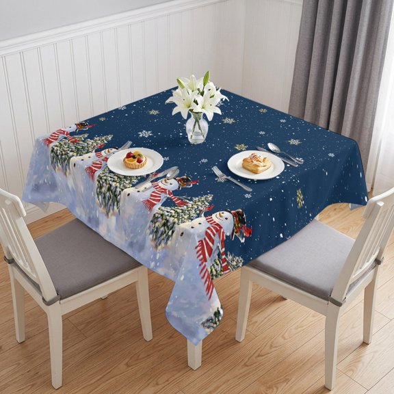 Navy Blue Christmas Snowman Table Cloth Waterproof Tablecloths, Winter Xmas Tree Snowflakes Tablecloth Dining Table Cover for Kitchen Party Tabletop Outdoor, Square Tablecloth 54x54 Inch