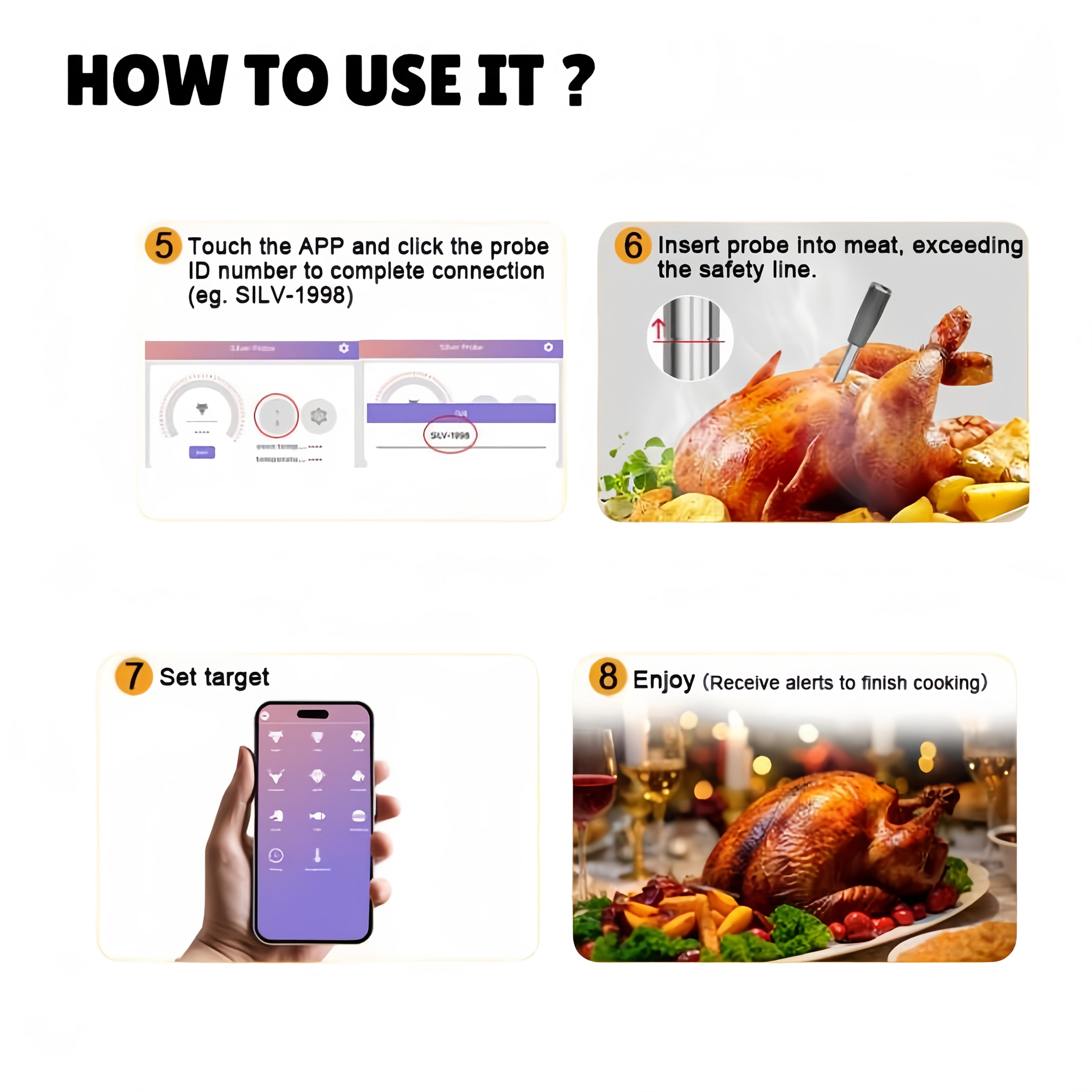 Smart Bluetooth Bamboo Wireless Meat Digital Thermometer for Grill, Oven, Air Fryer, Kitchen, BBQ, Perfect for Steak Chicken Turkey and More Delicious Recipes, Digital Cooking Thermometer with Apps