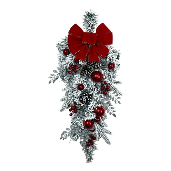 Gnwei Christmas Teardrop Swag for Front Door, 24 Inch Artificial Greenery Swag Winter Teardrop Xmas Swags with Red Berries Poinsettia Pine Cones Xmas Balls for Holiday Window Wall Decor