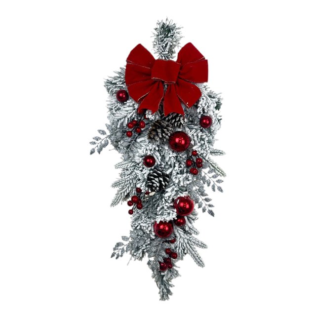 24 Pouces Guirlande de Noël en Forme de Goutte d'Eau, Guirlande de Porte Xmas, Guirlande d'Escalier Artificielle Rouge Poinsettia Faux Pommes de Pin Nœud Baies Rouges Boules de Noël Décoration Intérieure Extérieure Maison
