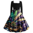 thumbnail image 4 of Fgvctg Mardi Gras Dresses Tea Party for Women Pretty Long Sleeve Cocktail Dresses Formal Retro 1950s Tea Dress Carnival Parade Glitter Mask Print Outfits Flowy Square Neck Clothing Army Green XL, 4 of 4