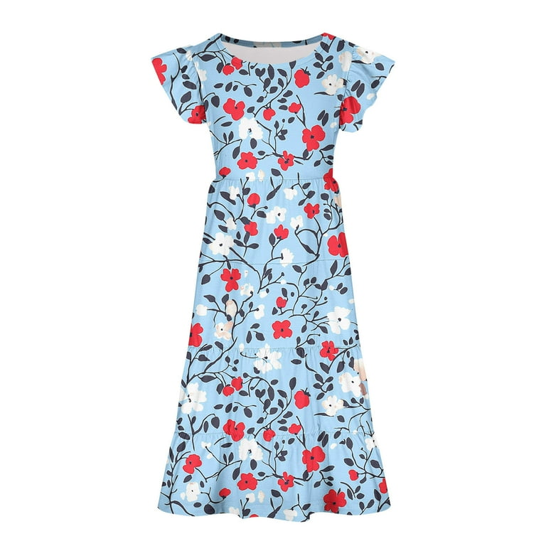 Aunvito Girls Summer Floral Print Tiered Dress with Elastic Waist and Pockets, Short Sleeve Round Neck Flutter Sleeve Dress, Kids Unisex, Size: 14-15