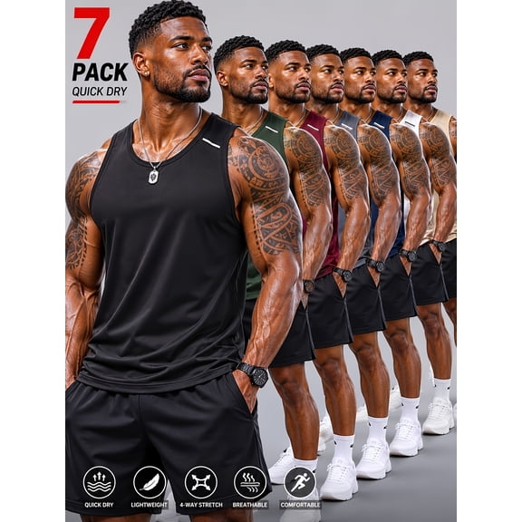 7pcs Men's Quick Dry Training Tank Tops, Breathable Sleeveless Athletic Shirts for Gym Basketball Hiking Casual Soccer And Running